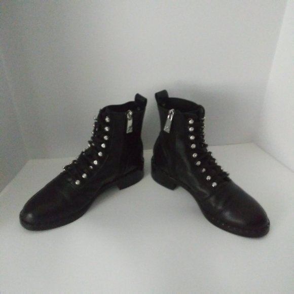 ZARA Black Leather Combat Boots Rhinestone Lace Up EU36 US6 Grunge Whimsigoth - Picture 5 of 7